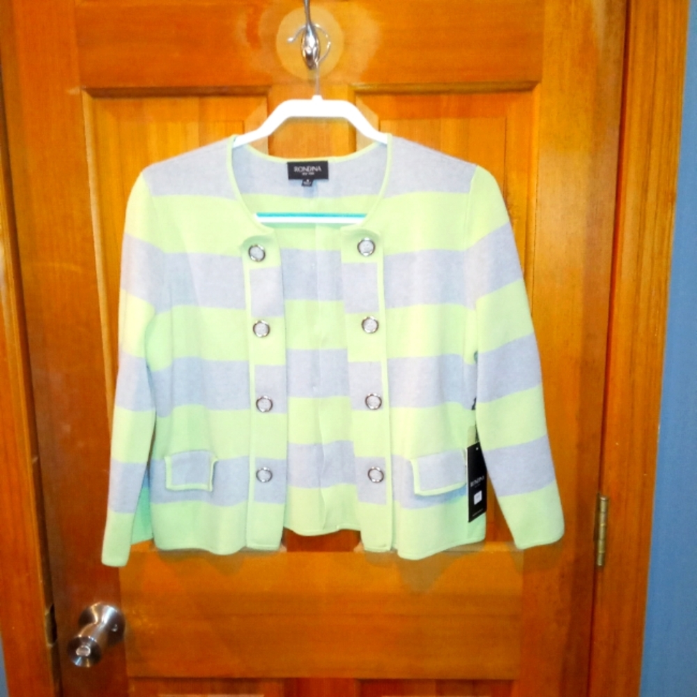 NWT Rondina silk cotton blend buttoned sweater green grey striped size M.